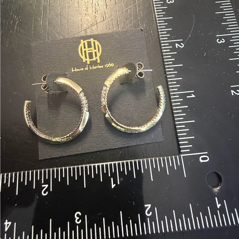 House of Harlow 1960 Textured Goldtone with Clear CZ Hoop Earrings